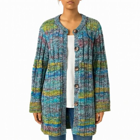 Sundance Pinebrook Knit Sweater Size LP Blue Multi Wool Blend Cardigan - Picture 1 of 7
